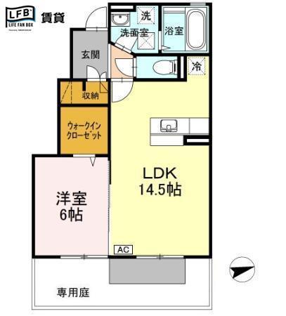 フェリス河内B棟(1LDK/1階)の間取り写真