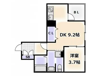 アーバンカーサ難波III(1LDK/4階)の間取り写真