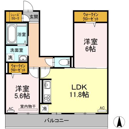 ルピナス高屋(2LDK/2階)の間取り写真