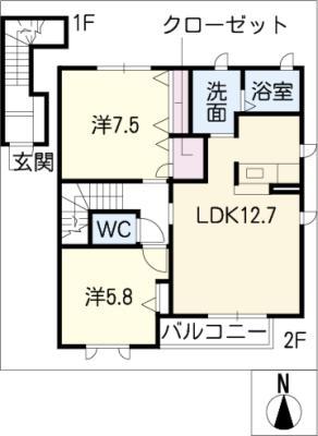 メープルビレッジB棟(2LDK/2階)の間取り写真