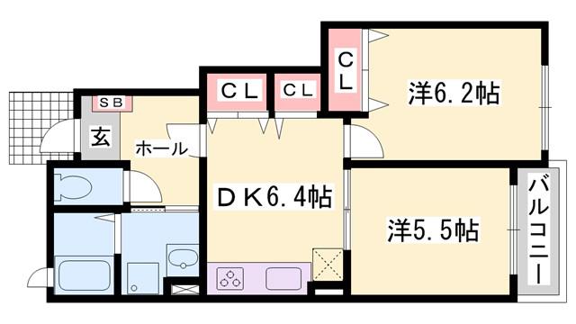 エクセルシア B棟(2DK/1階)の間取り写真