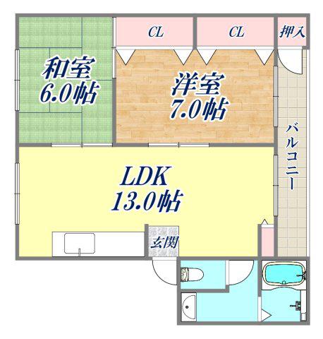 ハートフル車塚(2LDK/4階)の間取り写真