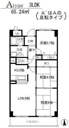 サニーサイド曽根(3LDK/4階)の間取り写真
