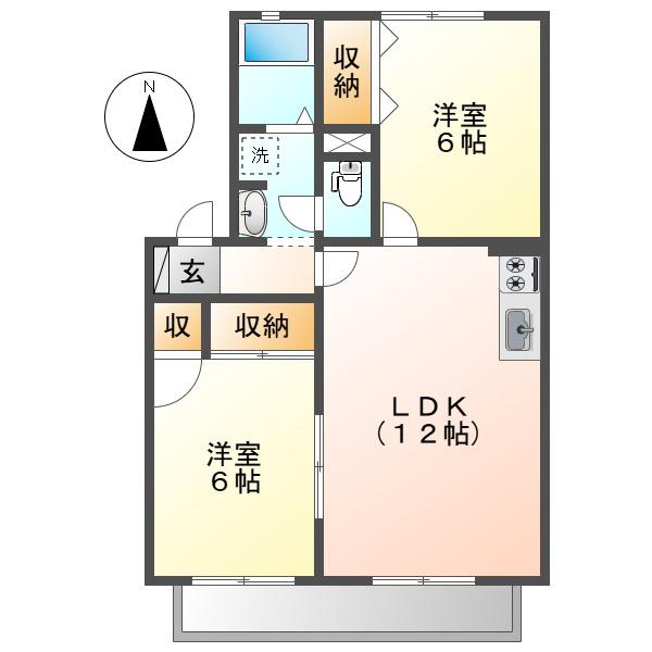 ハイカムール貝吹D棟(2LDK/2階)の間取り写真