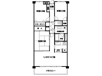 ロイヤルパレス八乙女(3LDK/5階)の間取り写真