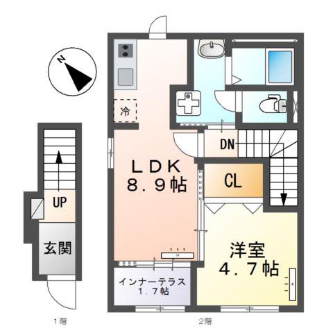 沼津市大諏訪アパート(1LDK/2階)の間取り写真