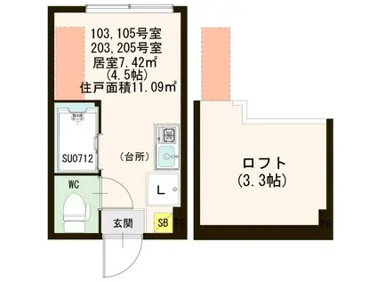 ハーモニーテラス四谷坂町(ワンルーム/2階)の間取り写真