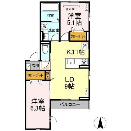 ルリアン小田原(2LDK/2階)の間取り写真