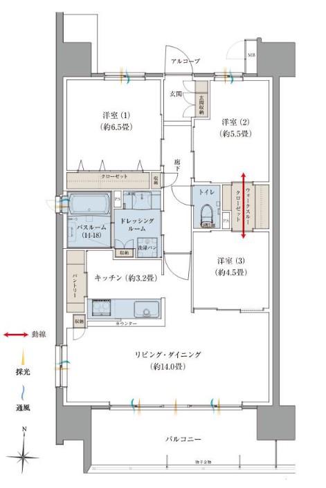 サーパス富山三番町レジデンス(3LDK/14階)の間取り写真