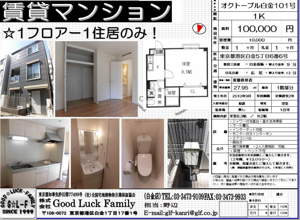 オクトーブル白金(1K/1階)の間取り写真