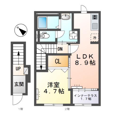 沼津市大諏訪アパート(1LDK/2階)の間取り写真