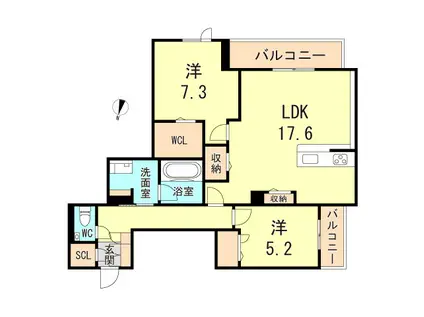 シャーメゾングランデール御影(2LDK/2階)の間取り写真