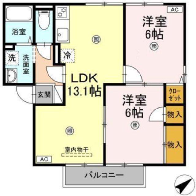 グランディールA棟(2LDK/2階)の間取り写真