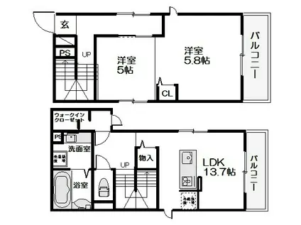 コエーダコート大宮(2LDK/2階)の間取り写真