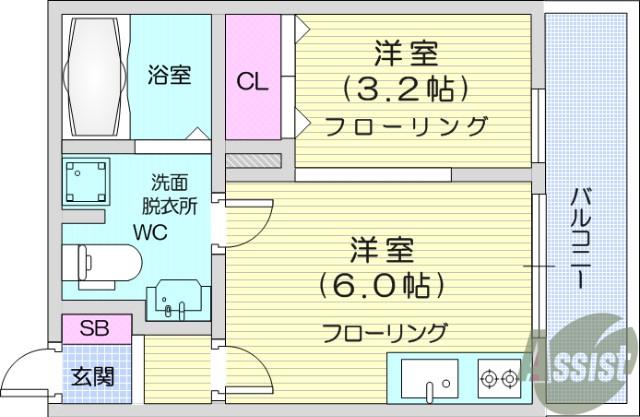 メリディアン国見弐番館(ワンルーム/2階)の間取り写真