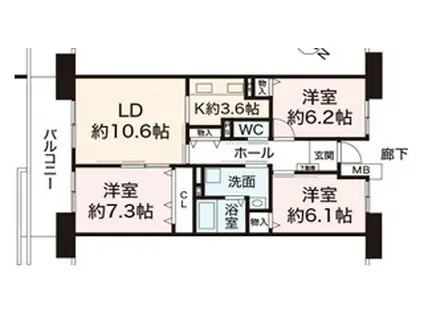 県営伊川谷第2高層1号棟(3LDK/8階)の間取り写真