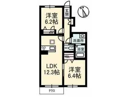 グランブーケB棟(2LDK/1階)の間取り写真