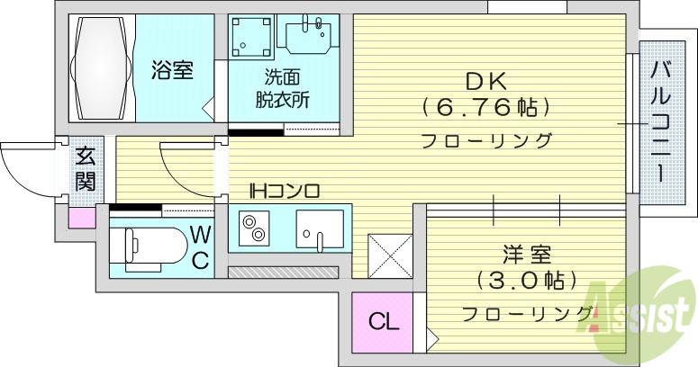 グランドール若林2(1DK/1階)の間取り写真