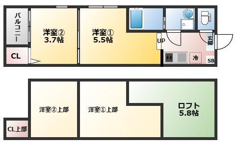 淀ヒルズ(1DK/2階)の間取り写真