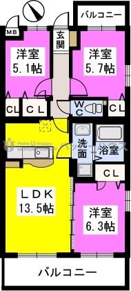 リッツハウス伯水(3LDK/2階)の間取り写真