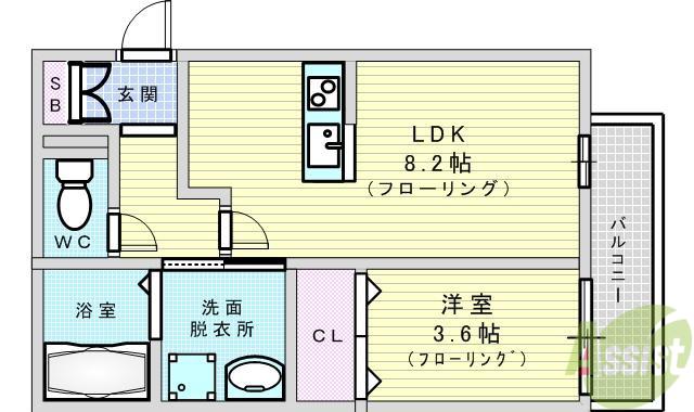 プライムコート豊津(1LDK/3階)の間取り写真