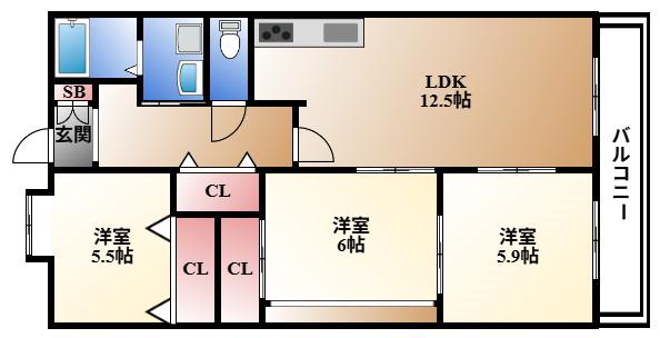 OHSADAハイツ上野公園(3LDK/3階)の間取り写真