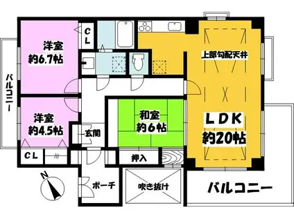 緑地公園グリーンハイツ3号館(3LDK/6階)の間取り写真