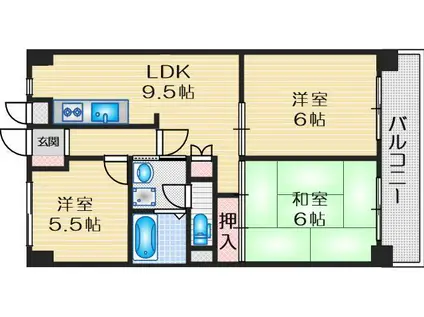 阪急宝塚線 服部天神駅 徒歩17分 6階建 築42年(3LDK/4階)の間取り写真