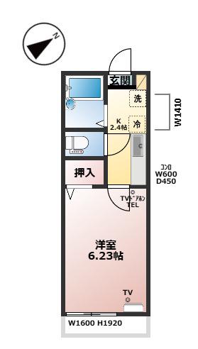 ウィズ旭ヶ丘 B棟(1K/1階)の間取り写真