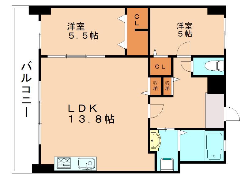 内山神岳ビル(2LDK/9階)の間取り写真