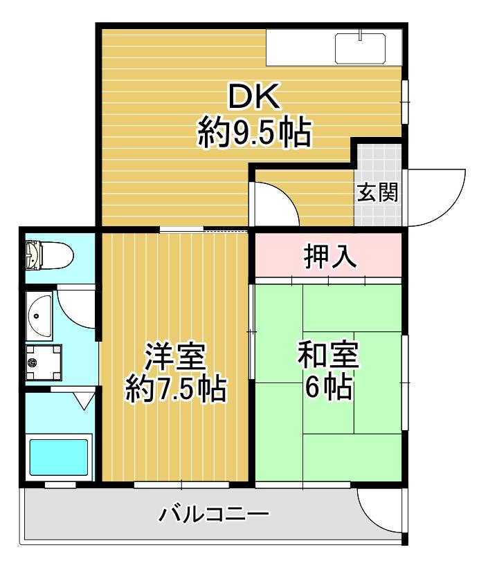 近鉄奈良線 八戸ノ里駅 徒歩6分 4階建 築55年(2DK/1階)の間取り写真