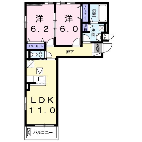 ゼクシー 桜ケ丘A棟(2LDK/1階)の間取り写真