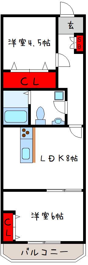 グランフェル八尾(2LDK/6階)の間取り写真