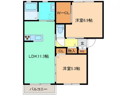 グランドゥール A棟(2LDK/2階)の間取り写真