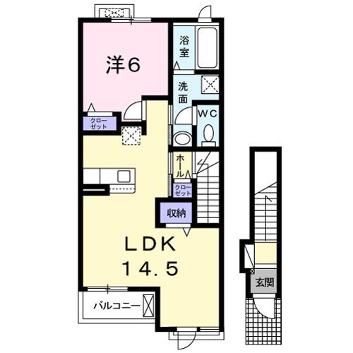 ディアレスト B棟(1LDK/2階)の間取り写真