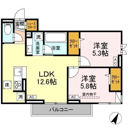 アセット-コート立川上砂町5丁目 B棟(2LDK/1階)の間取り写真