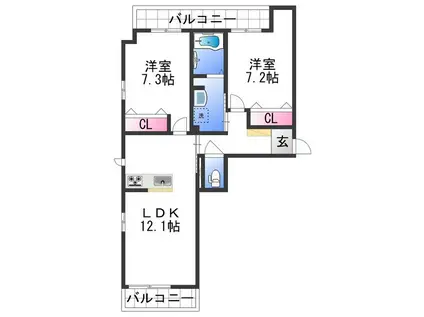 ベレオグルース西紺屋(2LDK/2階)の間取り写真