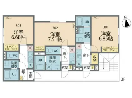 カインドネス本厚木ガーデンIII(1K/3階)の間取り写真