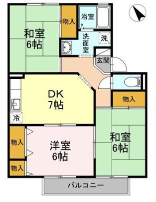 ゼフィールB棟(3DK/2階)の間取り写真