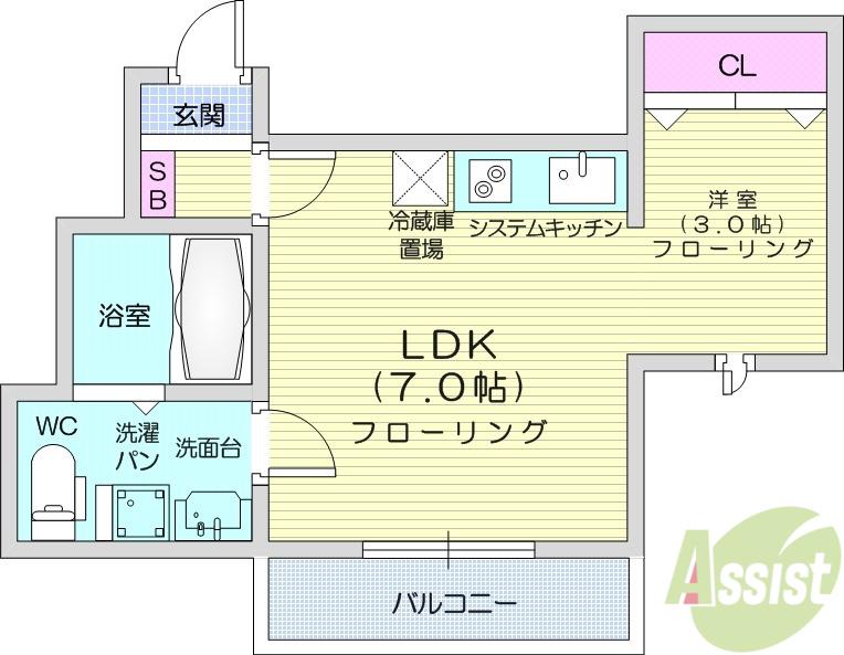 メリディアン白鳥(1LDK/3階)の間取り写真