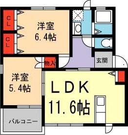 ツインヒルズA・B棟(2LDK/2階)の間取り写真