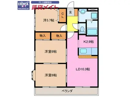 ハイム中川III(3LDK/4階)の間取り写真