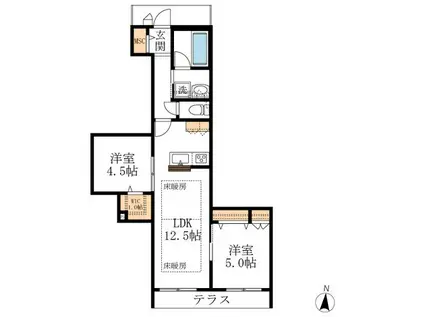 ヘリテージ国立(2LDK/1階)の間取り写真