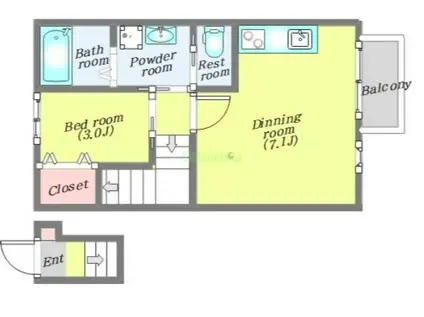カームコート太子堂(1DK/2階)の間取り写真