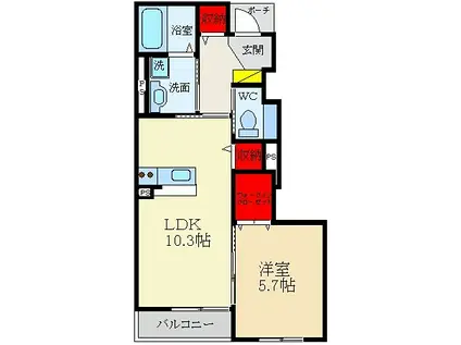 シャルール南中振(1LDK/1階)の間取り写真