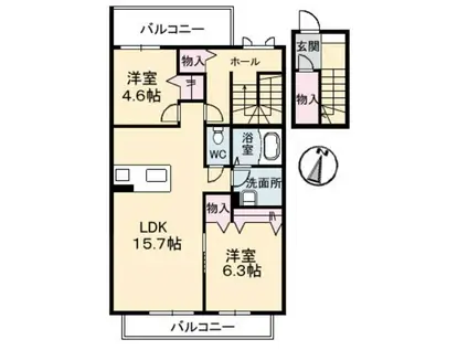 アルファA棟(2LDK/2階)の間取り写真