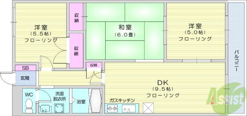 ROOMYかんの(3DK/2階)の間取り写真