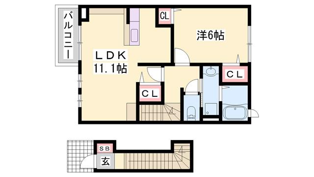 シャンテB棟(1LDK/2階)の間取り写真