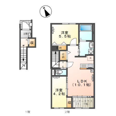 スターテラスII雀の宮4丁目アパート(2LDK/2階)の間取り写真