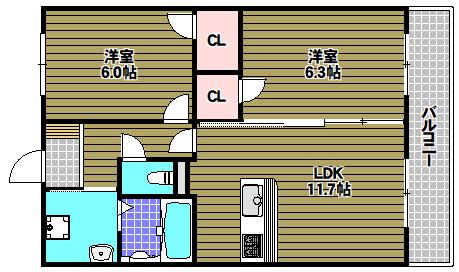 サニープレイス大野芝(2LDK/4階)の間取り写真